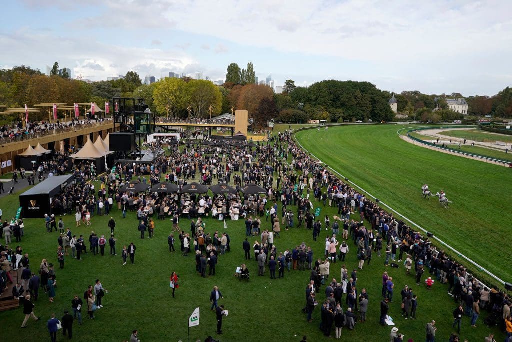 A general view as runners go to the start during Prix de l'Arc de Triomphe at ParisLongchamp Racecourse on October 06, 2019 in Paris, France.