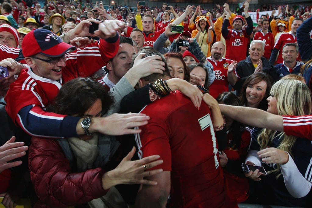 Sean O'Brien of the British & Irish Lions celebrates with fans after winning the International Test match between the Australian Wallabies and British & Irish Lions at ANZ Stadium on July 6, 2013 in Sydney, Australia.