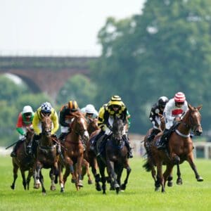 Runners and riders in action in the Sky Sports Racing Sky 415 Mares' Open NH Flat Race at Worcester Racecourse
