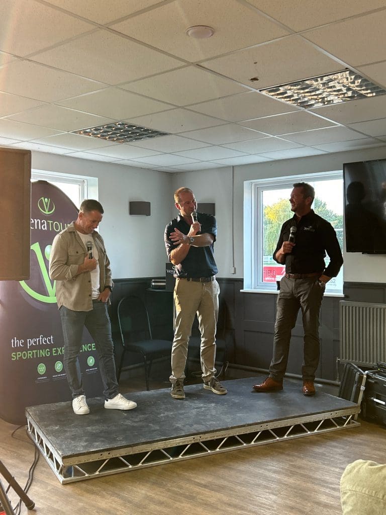 Shane Williams, Geordan Murphy and Sean Holley reminiscing at the Venatour Rugby World Cup 2023 Launch Evening