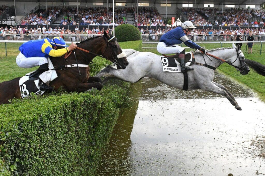 Horses clearing a water jump at Waregem racecourse in Bruges, Belgium.