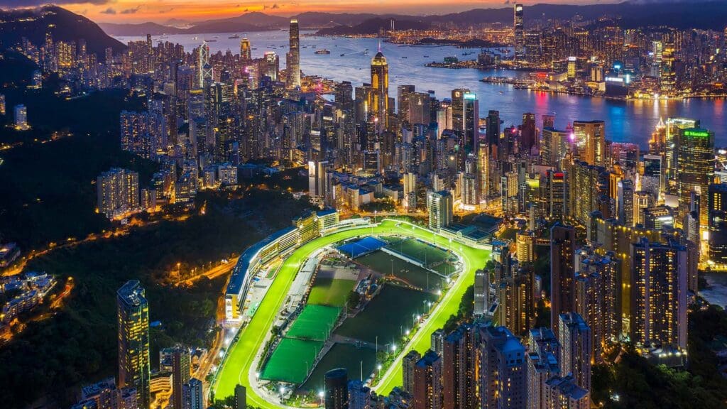 Happy Valley Racecourse from the air at night