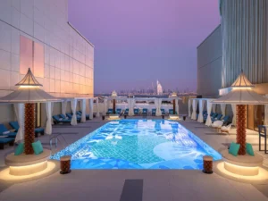 Luxury rooftop pool overlooking Dubai skyline at dusk