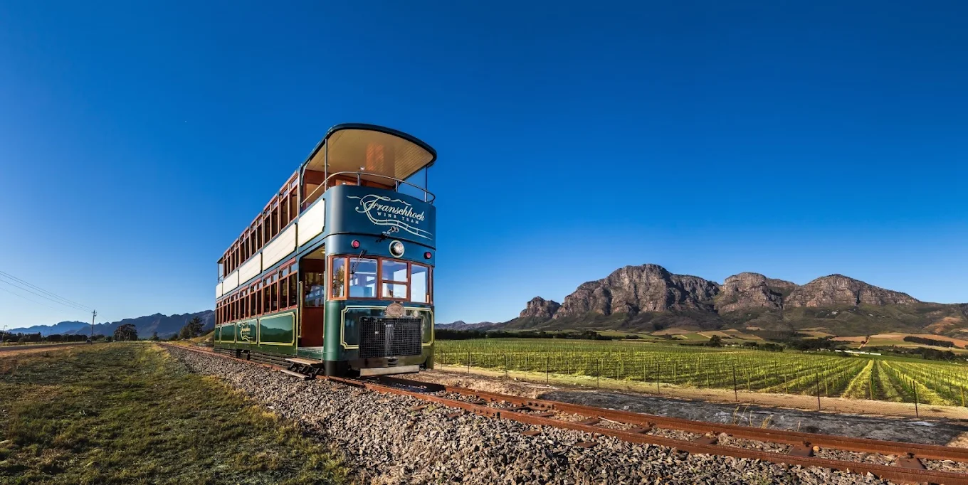 Vintage tram beside vineyards and mountains in Franschhoek